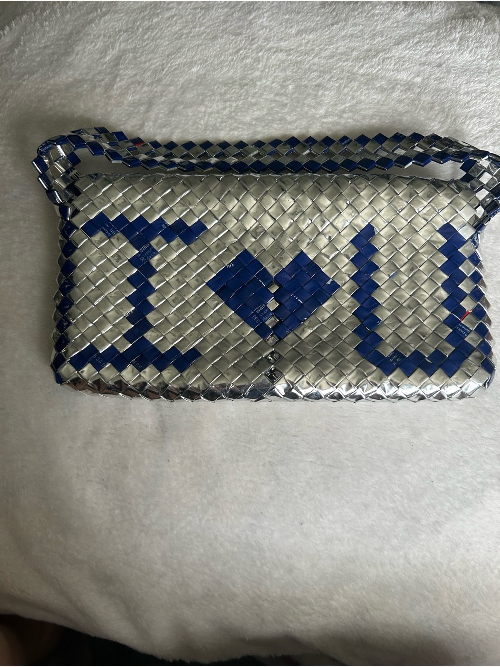 Silver Woven Clutch with Blue Accents